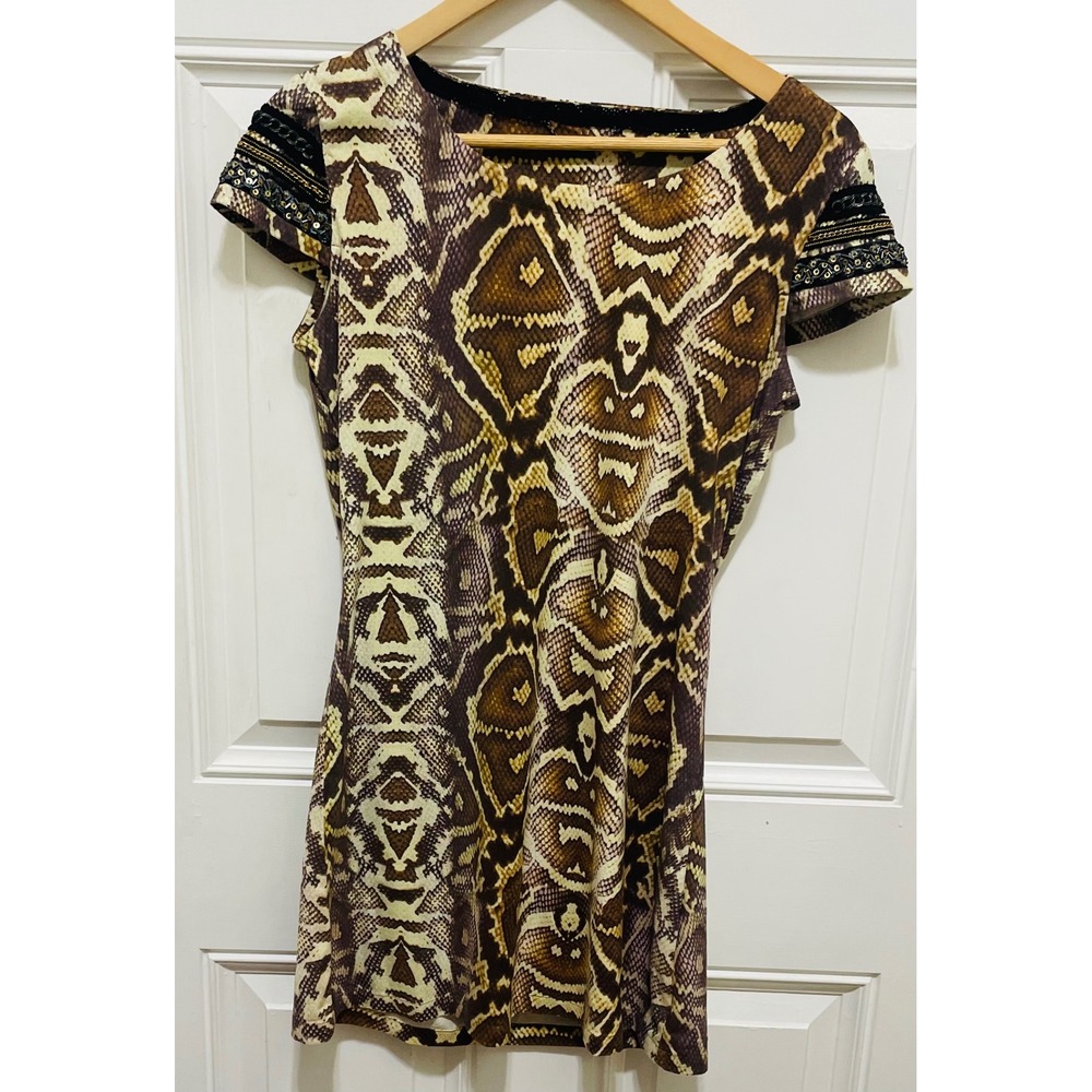 Custo Barcelona Snakeskin Print Mini Dress/tunic bead Embellished Sleeves S